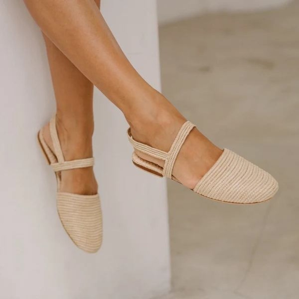 Bulibasha EU 39 Natural Raffia Woven Slingback Flats Handmade Resort Shoes